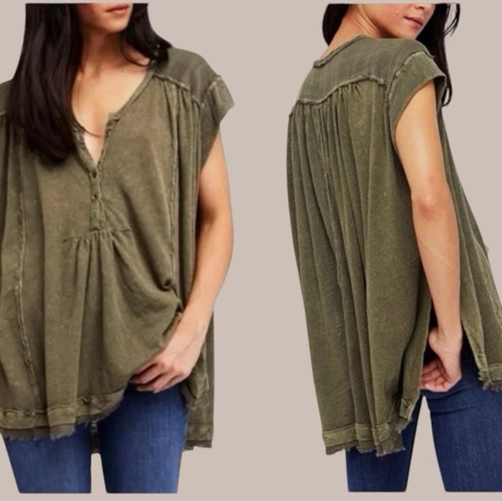 Free People Aster Henley Oversized 1/2 Button Up Jersey T-Shirt With Raw Edges - Picture 6 of 16